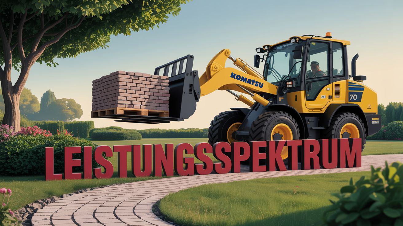 Ein Komatsu Radlader mit einer Palette Pflastersteine